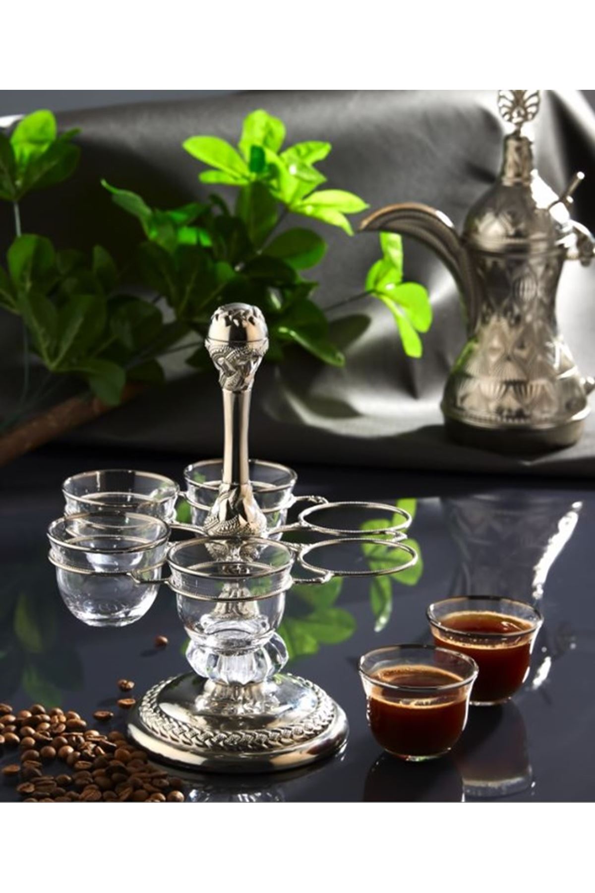 6 Kişilik Gümüş Metal Cam Sunum İkram Seti Mırra
