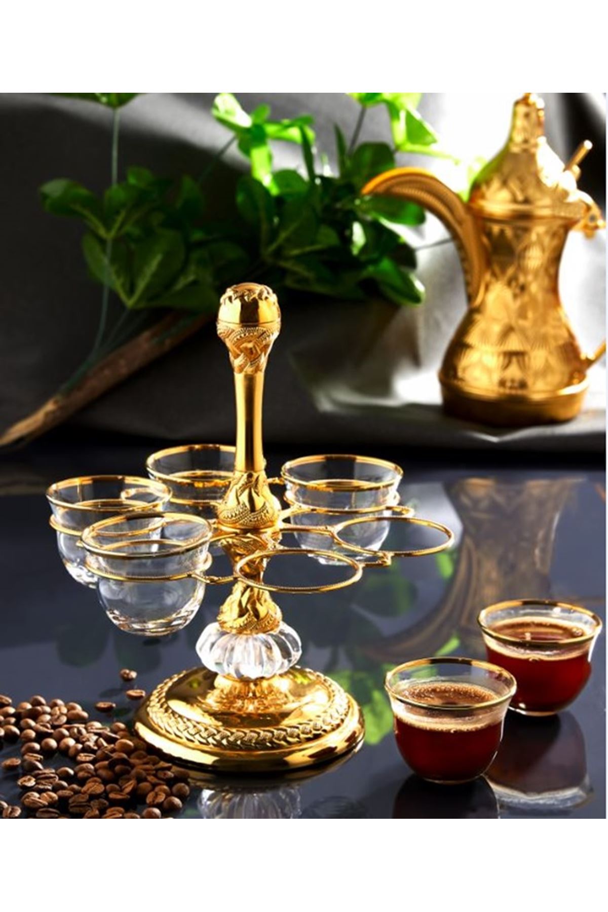 6 Kişilik Gold Metal Cam Sunum İkram Seti Mırra
