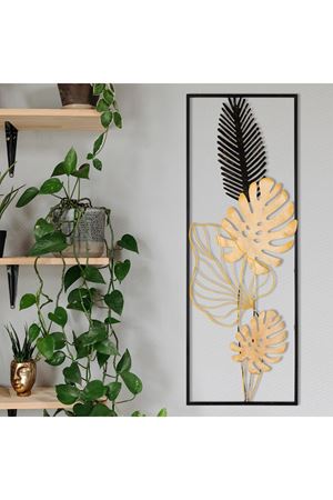 Metal Yaprak Siyah Gold Krem Duvar Süsü 32x90cm