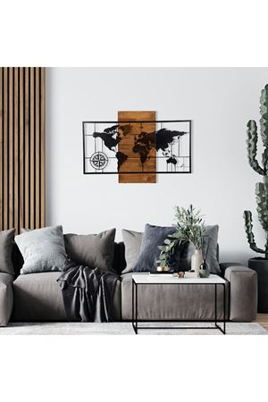 Metal Ahşap Dünya Haritası Duvar Süsü 58x86cm