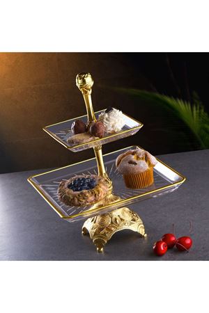 Gold Metal Cam Kare 2 Katlı Sunum Tabağı 24x24cm