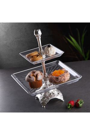 Gümüş Metal Cam Kare 2 Katlı Sunum Tabağı 24x24cm