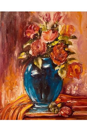 “Mavi vazo ve güller” Tuval Üzerine Yağlı Boya Tablo Ölçü:50cmx70cm  
