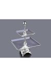 Gümüş Metal Cam Kare 2 Katlı Sunum Tabağı 24x24cm